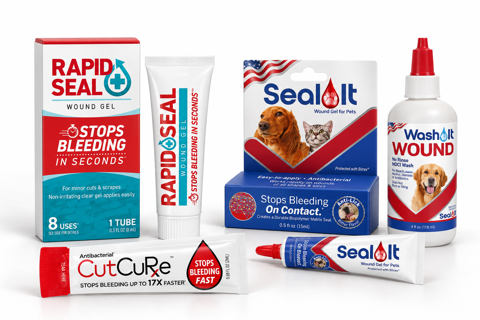Rapid Seal and CutCure wound care for people, alongside Seal It wound gel and Wash It wound wash for pets